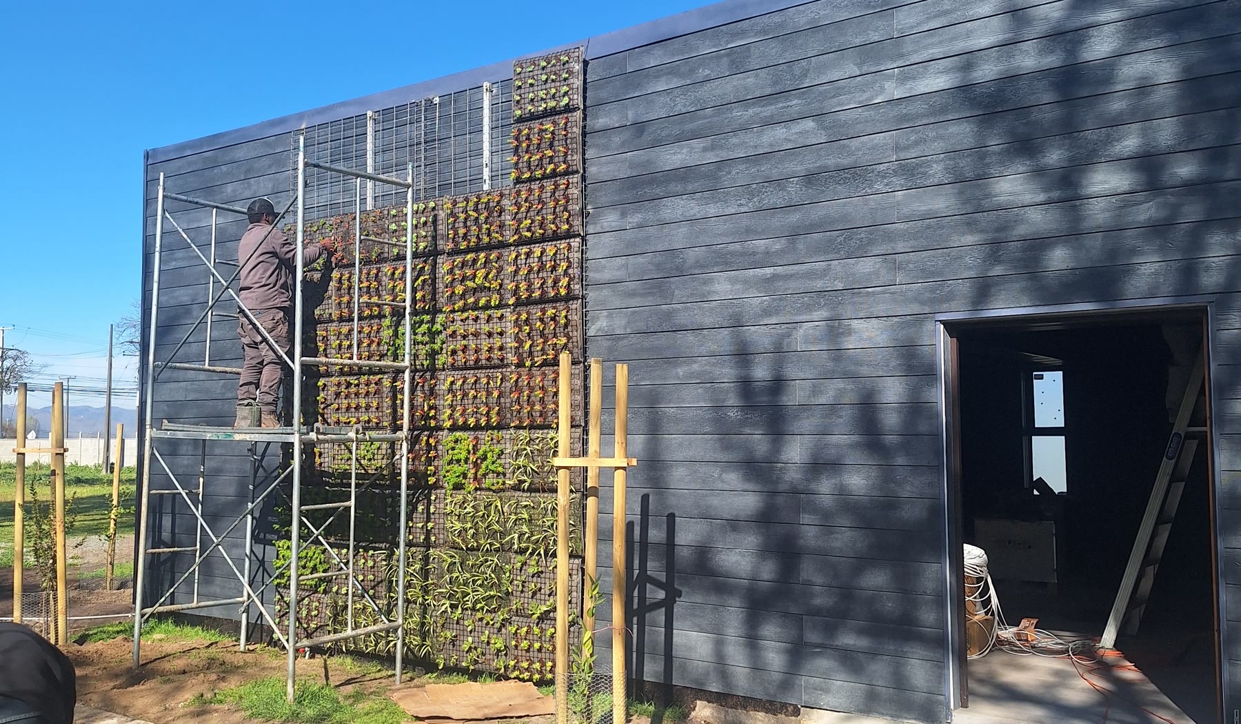 Técnico instalando la estructura modular de un jardín vertical